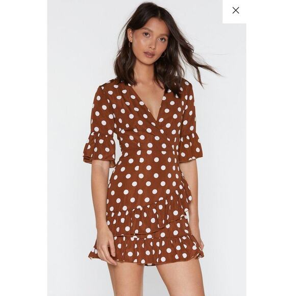 Nasty Gal You Dot This Brown & White Polka Dot Mini Dress Ruffle Detail: Size 4 - Picture 1 of 8